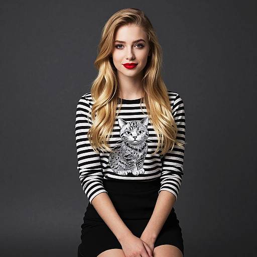 Blonde Woman in Striped Cat Print Top and Black Skirt Portrait