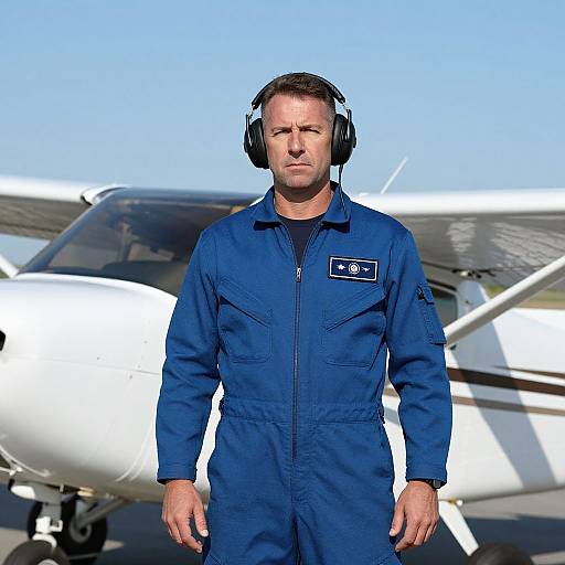 Male Pilot in Blue Flight Suit Standing by Small Airplane