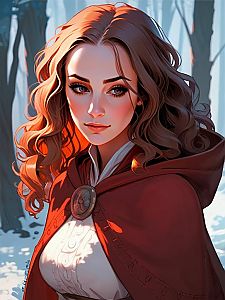 Woman in Red Cloak in Snowy Forest