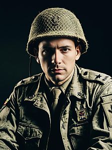 Photorealistic Portrait of Man in Army Soldier Costume with Vintage Military Helmet