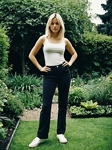 Confident Woman in White Tank Top and Jeans Standing in Garden