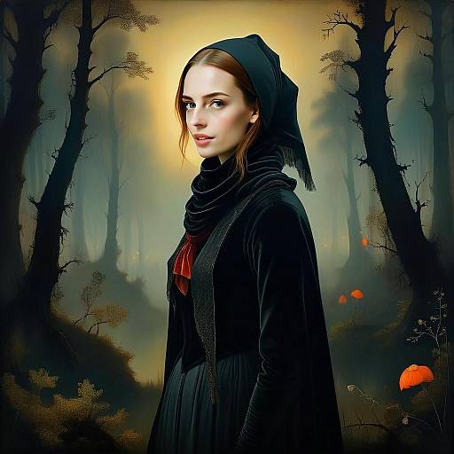 Portrait of Young Woman in Vintage Attire in Mystical Forest