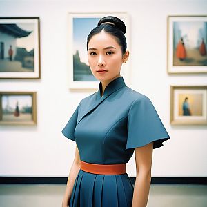 Elegant Woman in Blue Dress at Art Gallery