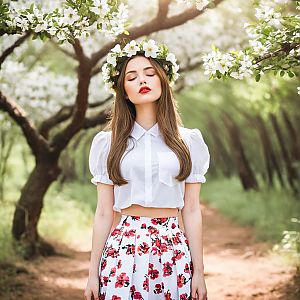 Serene Woman in Blooming Orchard