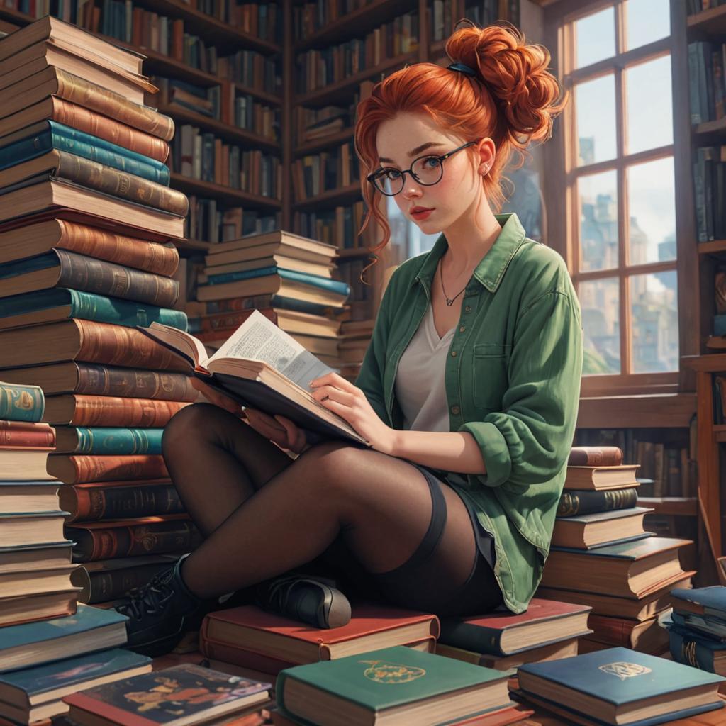 Young Woman with Red Hair Reading in Cozy Room