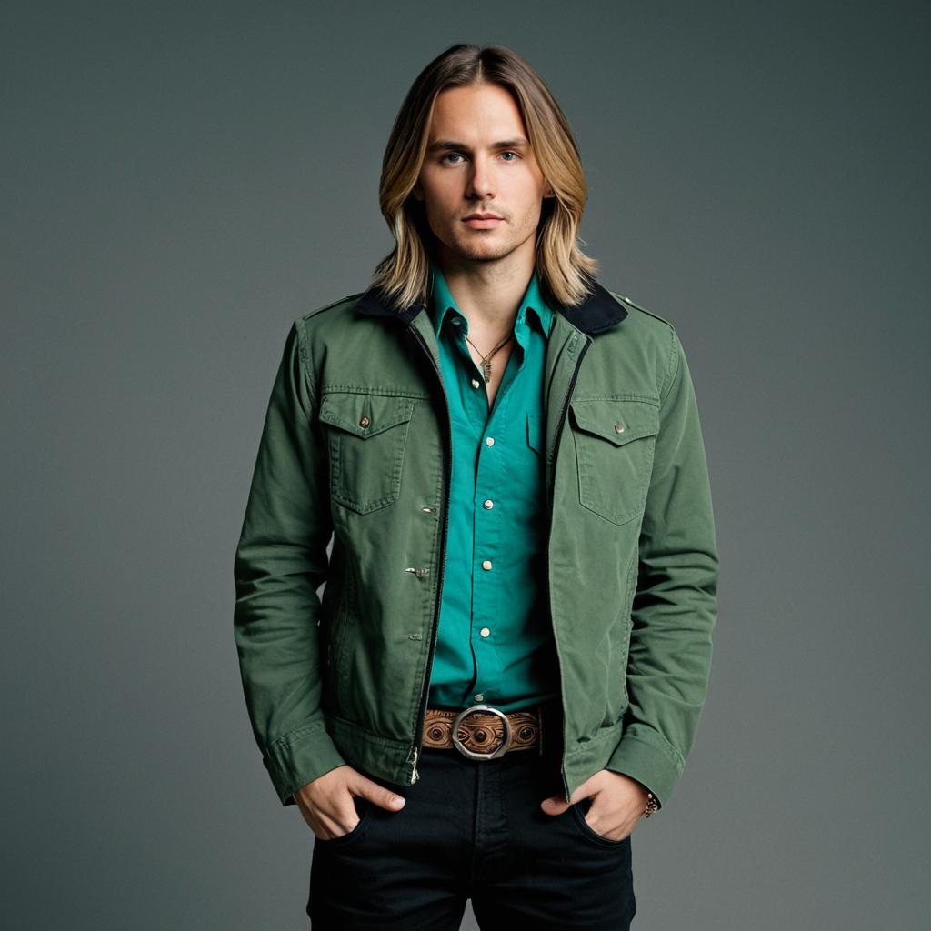 Stylish Young Man in Green Jacket and Teal Shirt Realistic Portrait