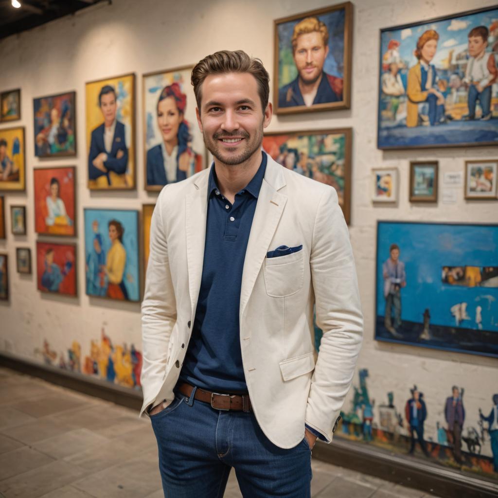 Stylish Man in White Blazer at Art Gallery