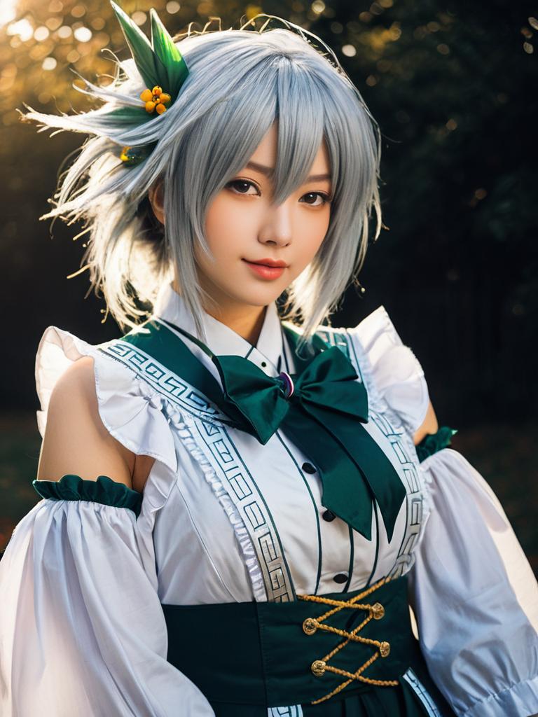 Realistic Cosplay of Sakuya Izayoi Woman in White and Green Costume