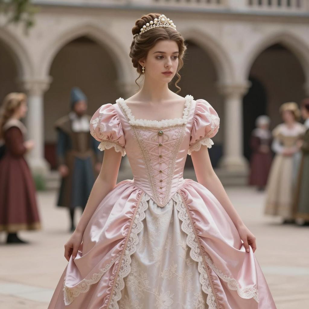 Young Woman in 18th-Century Pink Rococo Style Gown in Historic Courtyard