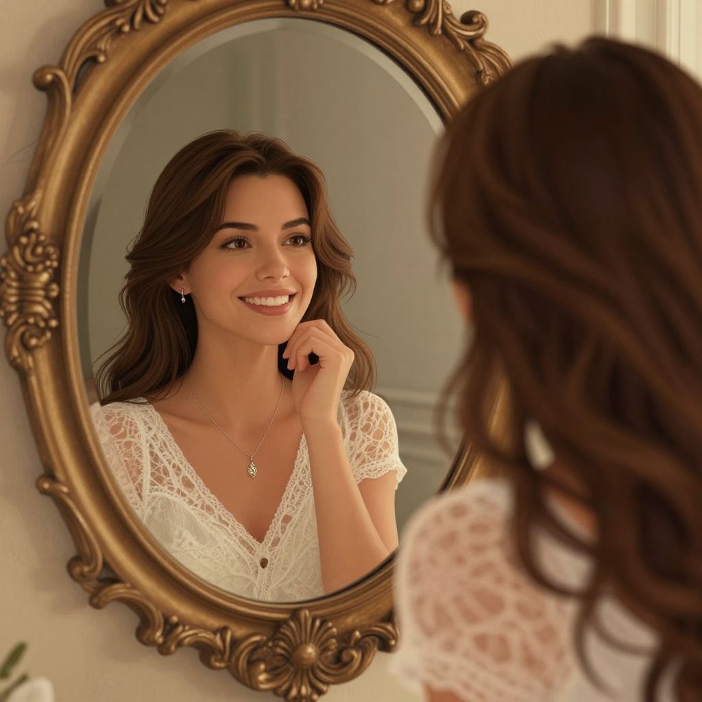 Woman Smiling at Reflection in Ornate Vintage Mirror