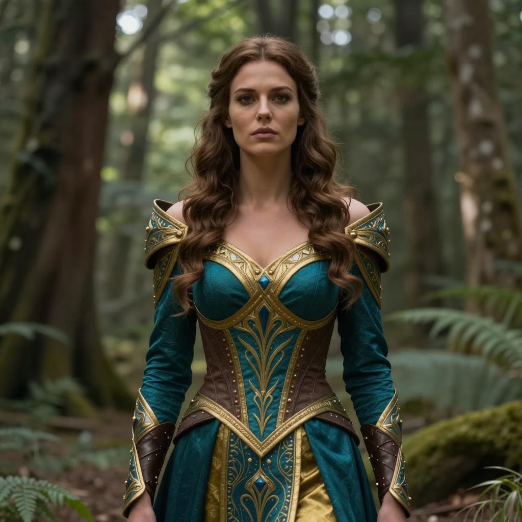 Woman in Medieval Fantasy Armor Dress in Forest