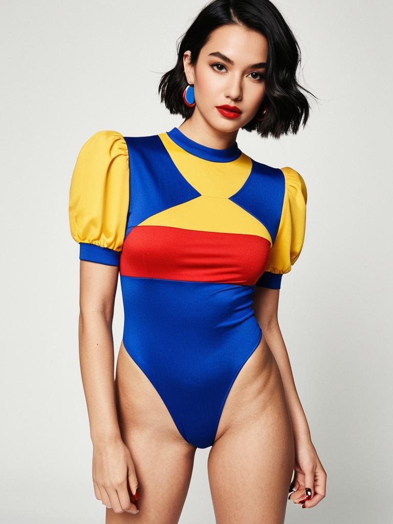 Woman in Pop Art Inspired Color Block Bodysuit in Primary Blue and Yellow