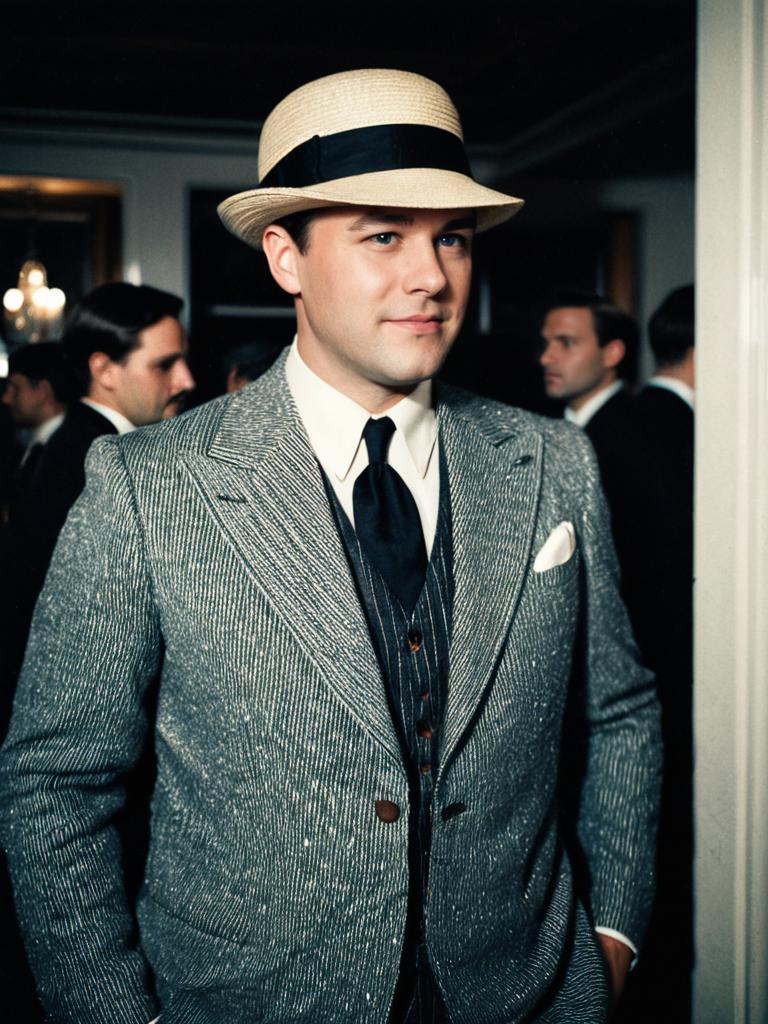 Man in 1920s Gatsby Party Costume with Straw Boater Hat
