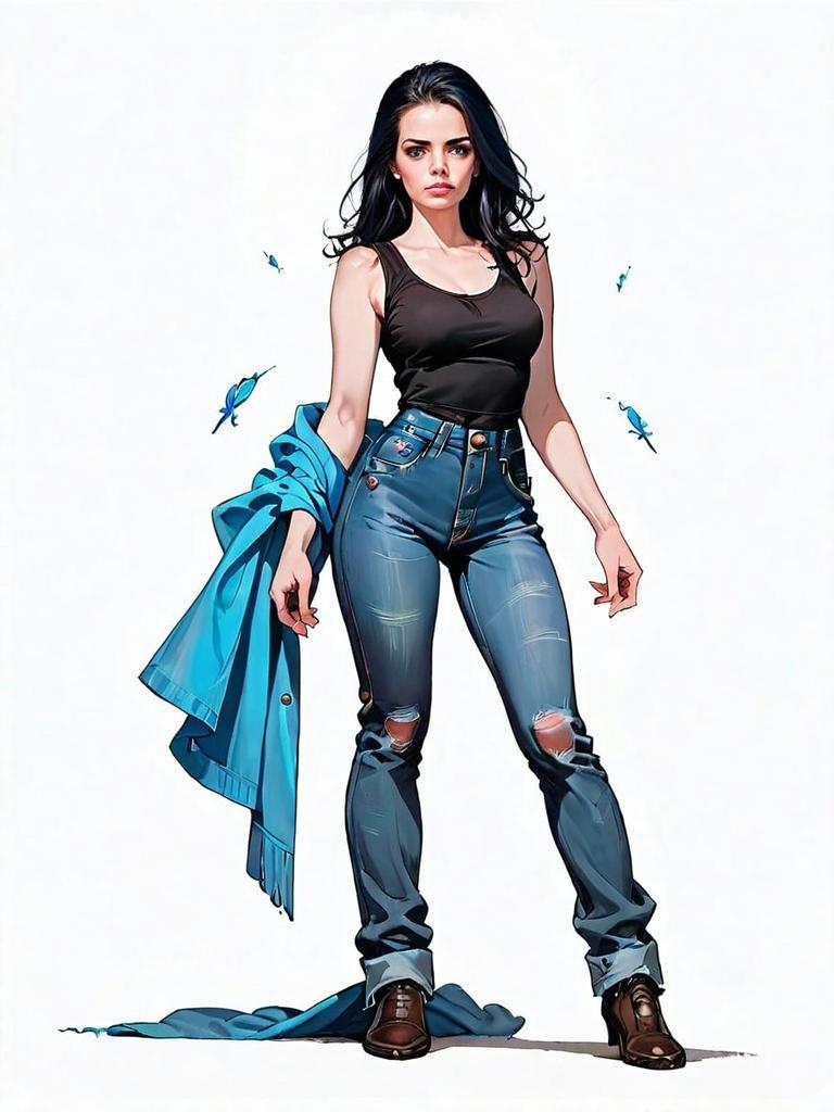 Realistic Comic Style Full-Body Portrait of Woman in Casual Outfit with Blue Jacket