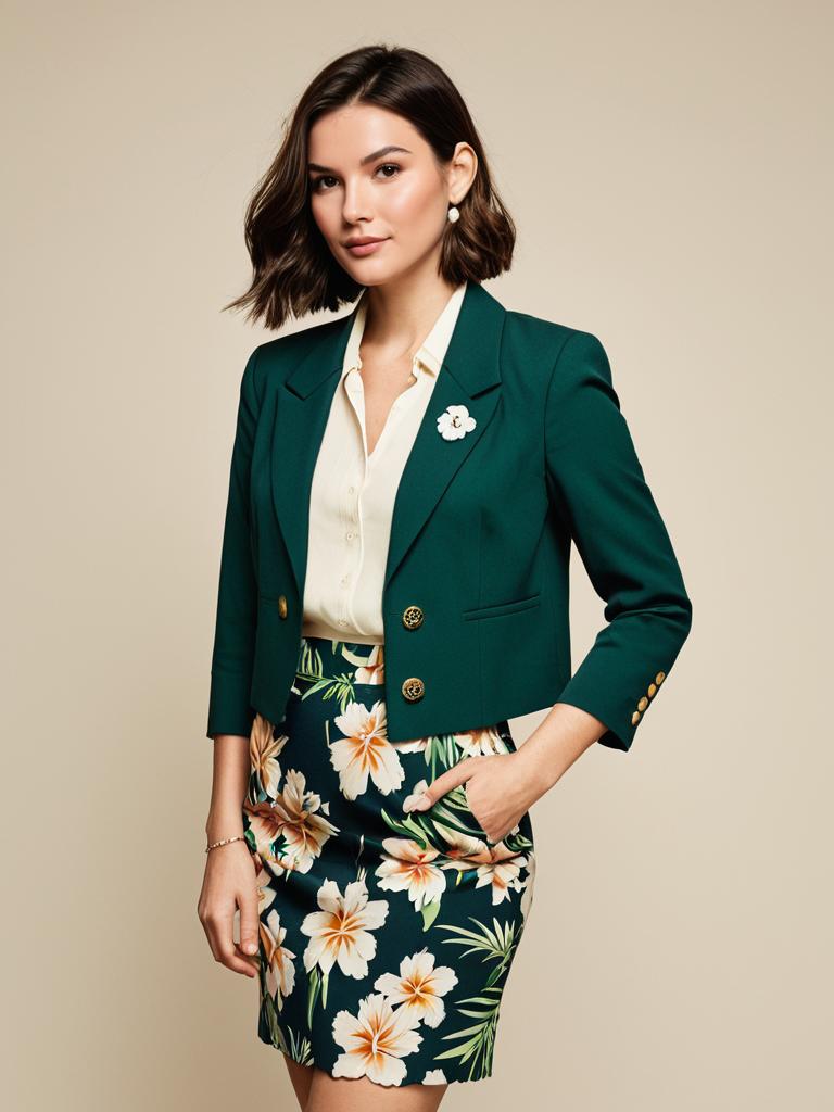 Young Woman in Green Blazer and Floral Skirt Fashion Portrait