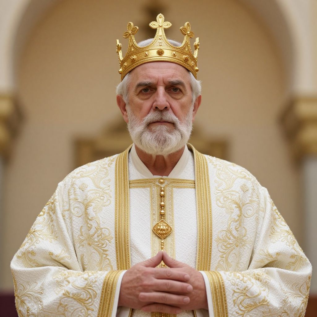 Elderly King in Ornate Gold-Embroidered Robes with Golden Crown