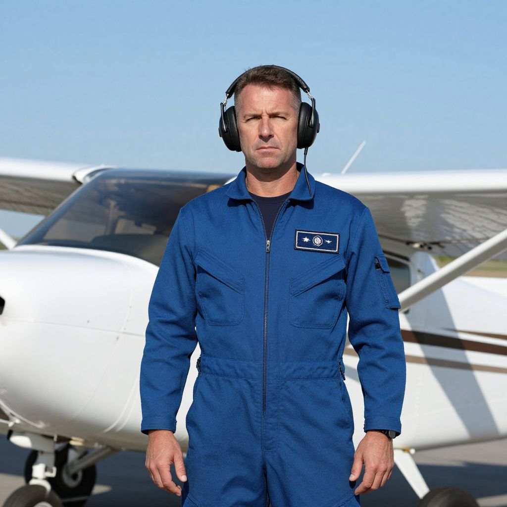 Male Pilot in Blue Flight Suit Standing by Small Airplane