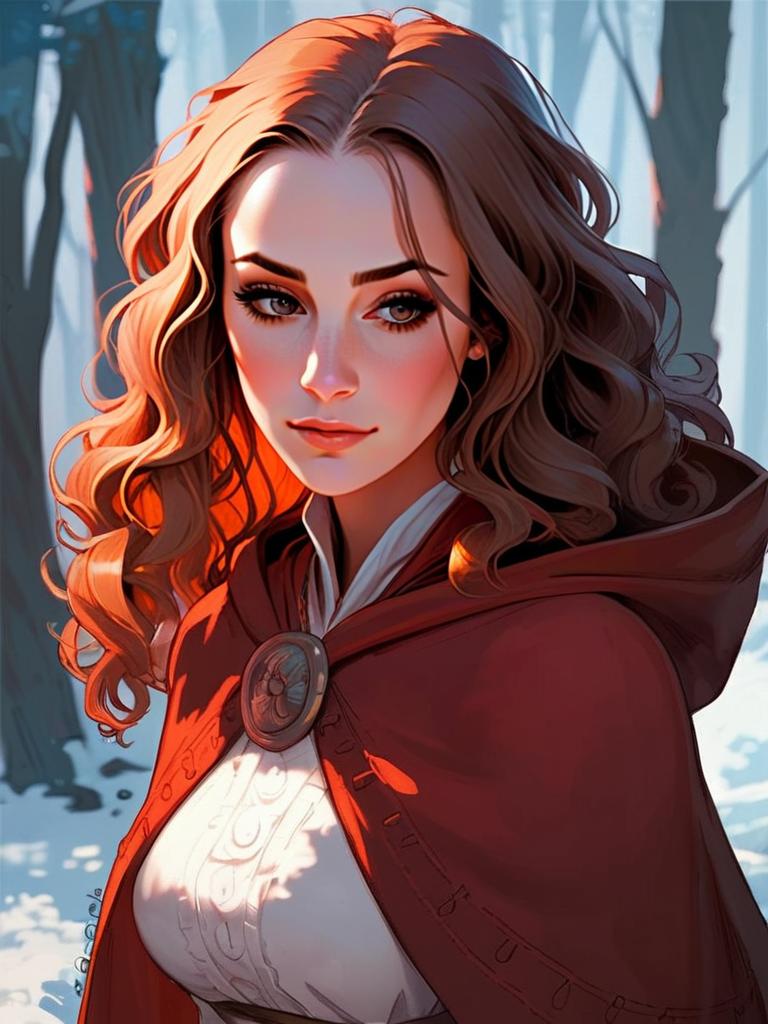 Woman in Red Cloak in Snowy Forest