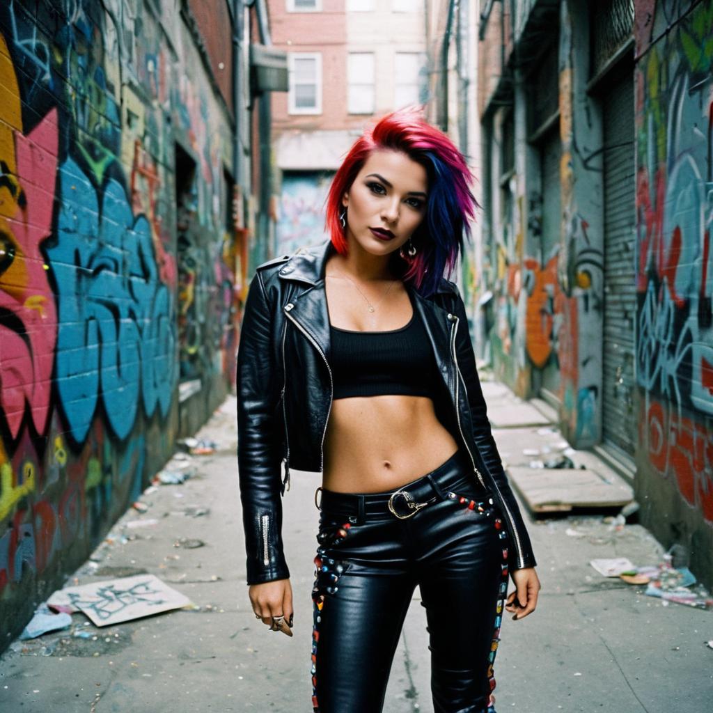 Punk Rock Woman with Red and Purple Hair in Graffiti Alley