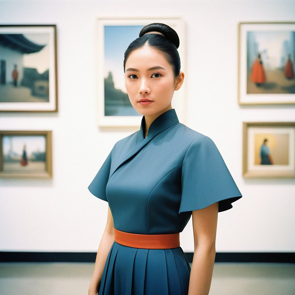 Elegant Woman in Blue Dress at Art Gallery Elegant Woman in Blue Dress at Art Gallery