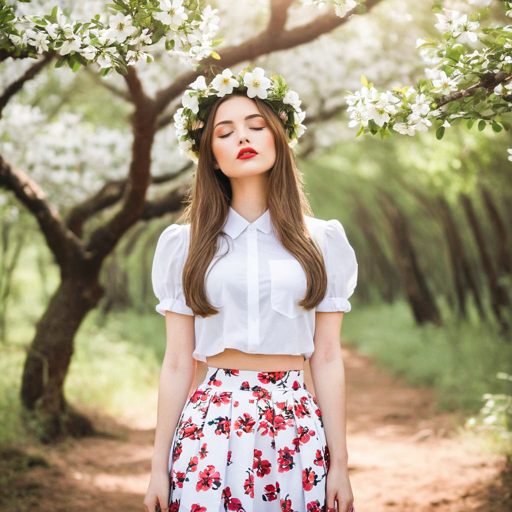 Serene Woman in Blooming Orchard Serene Woman in Blooming Orchard