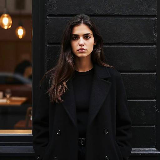 Confident Young Woman in Black Coat Against Black Brick Wall