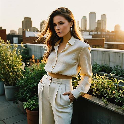 Elegant Woman in Cream Outfit on Rooftop Garden at Sunset