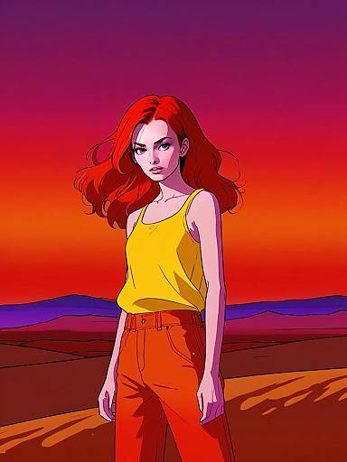 Stylized Digital Illustration of Red-Haired Woman at Sunset Landscape