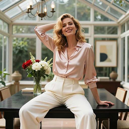 Confident Woman in Silk Blouse and White Trousers Sitting on Table in Sunroom