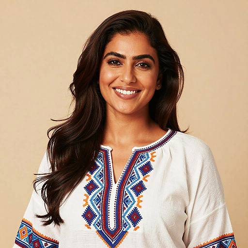Smiling Woman in Embroidered Ethnic Blouse Portrait