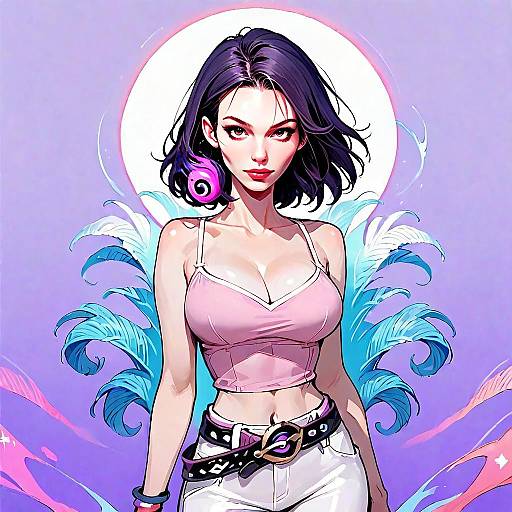 Stylized Digital Portrait of a Confident Woman with Feathered Background