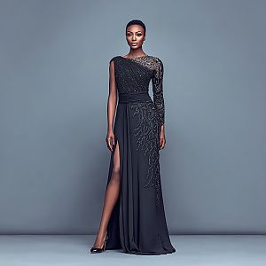 Confident Woman in Black Evening Gown with Beadwork