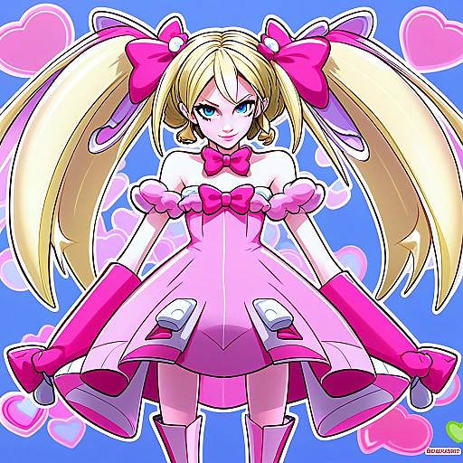 Harime Nui Anime Girl in Pink Dress with Twin-Tails and Heart Background