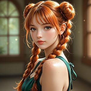 Young Woman with Red Hair in Double Buns and Braids
