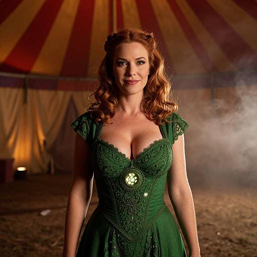 Red Haired Woman in Green Steampunk Corset Dress Inside Vintage Circus Tent
