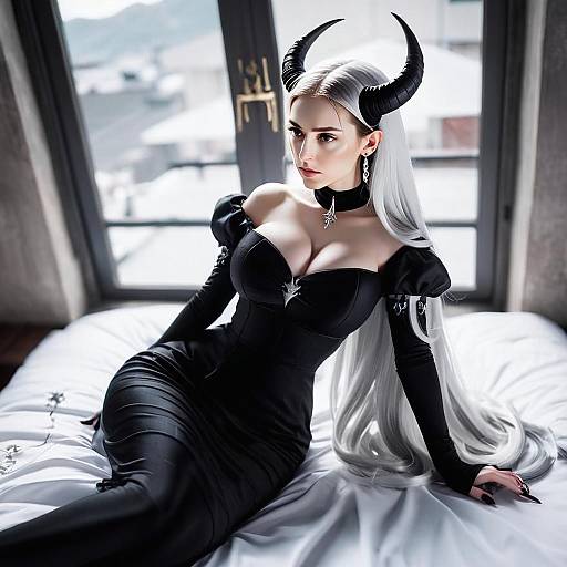 Gothic Fantasy Woman with Black Horns in Elegant Black Dress