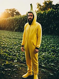 Man in Photorealistic Banana Costume Outdoor Portrait Golden Hour