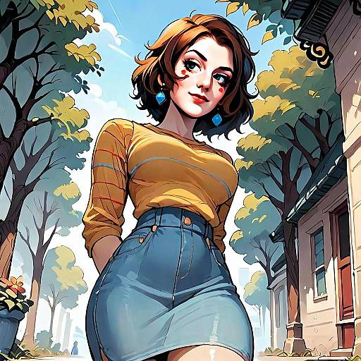 Stylized Comic Art of Young Woman on Tree-Lined Street in Denim Skirt