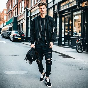 Urban Street Style: Young Man in Black Bomber Jacket