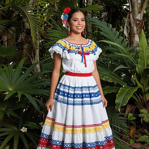 Woman in Traditional Mexican Dress with Colorful Embroidery in Tropical Garden
