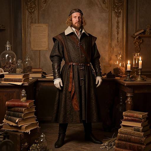 Renaissance Man in Historical Study with Books and Candles