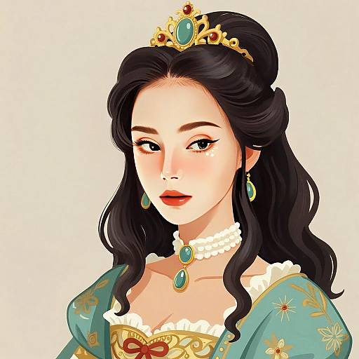 Regal Woman in Vintage Teal Dress with Jeweled Tiara Digital Portrait