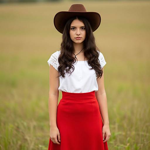Young Woman in Cowboy Hat and Red Skirt in Natural Field