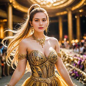 Woman in Gold Corset Dress in Opulent Hall