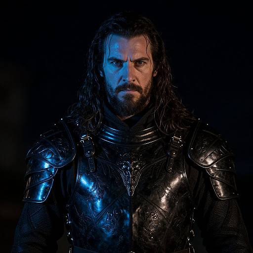 Intense Warrior Man in Black Medieval Armor with Blue Lighting