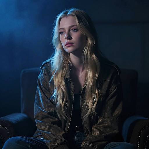 Contemplative Blonde Woman in Vintage Jacket in Moody Lighting