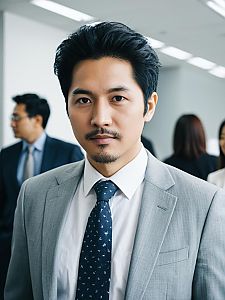 Professional Asian Businessman in Light Gray Suit with Blue Tie in Modern Office