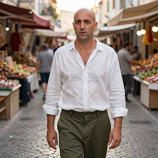 Bald Man Walking Through Outdoor Market Street in Casual Linen Shirt