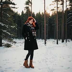 Woman in snowy forest at sunset