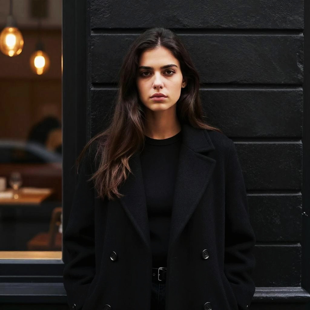 Confident Young Woman in Black Coat Against Black Brick Wall